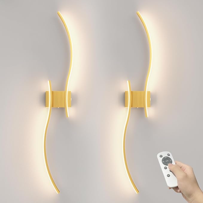 VOLISUN Battery Operated Wall Sconces Set of Two, 39.4 inch Wireless Wall Sconces, 3000K-6500K Dimmable Wall Lamps with Remote, Rechargeable Gold Wall Lights for Living Room, Hallway, Bedroom