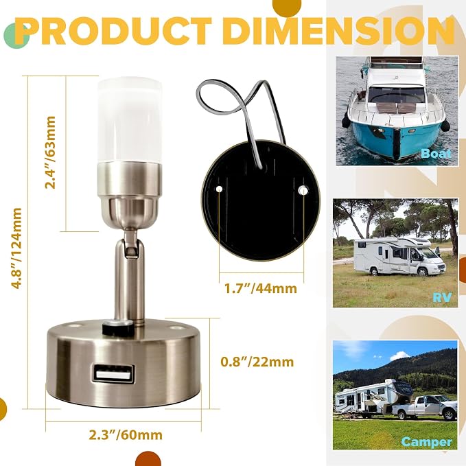 RV Reading Lights 12v Interior RV Light With USB Port Camper Sconce Led Lighting with USB-A Charger for Bedside 2W 100LM 12 Volt Led Light Blue Warm White 3000K Lighting Fixture Brushed Nickel, 2-Pack