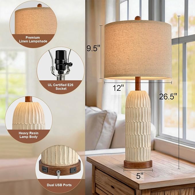 26.5" Bedside Table Lamps Set of 2, Farmhouse Table Lamp with USB A+C Charging Ports,Vintage Nightstand Lamp for Bedrooms and Living Rooms, Retro Resin End Table Lamp with Linen Shade, Brown