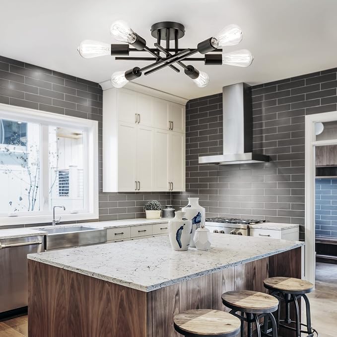 Sputnik Chandeliers, Modern Semi Flush Mount Ceiling Light with E26 Base, Mid Century Industrial Kitchen Farmhouse Light Fixtures for Bedroom Living Room (Black, Ceiling 6 Lights)