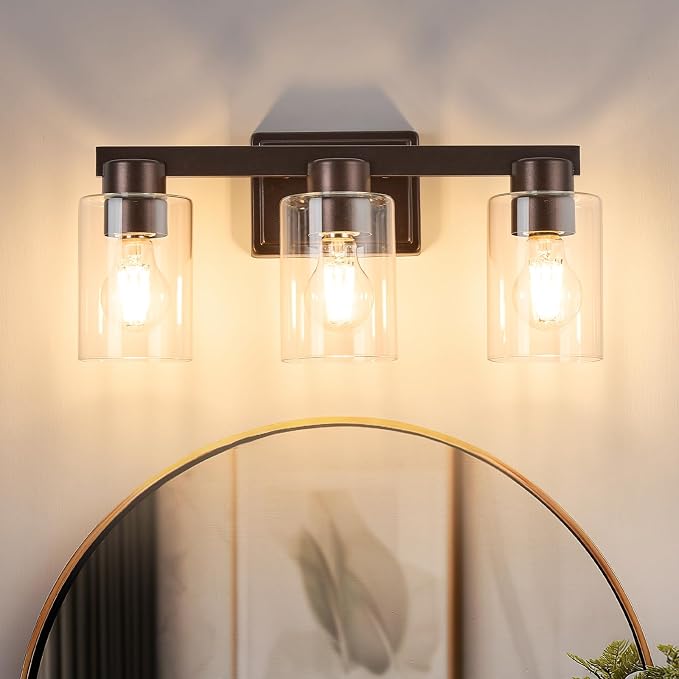 3-Light Bathroom Light Fixtures with Clear Glass, Oil Rubbed Bronze | Vanity Lights, Modern Wall Sconces, Over Mirror for Bathroom, Powder Room, Living Room