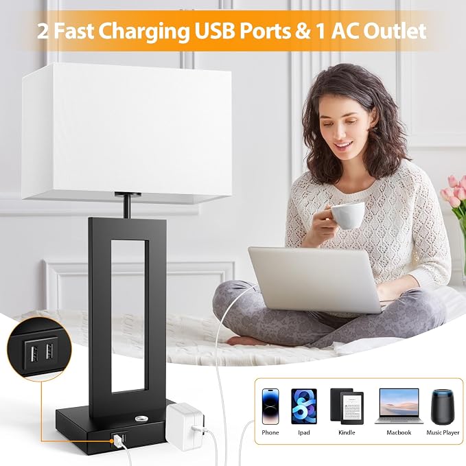 3 Color Temperatures Table Lamps for Bedrooms Set of 2, 22’’ Touch Control Bedside Nightstand Lamps with 2 USB Ports & AC Outlet, Stepless Dimmable Lamps with White Shade, Modern Decor for Living Room