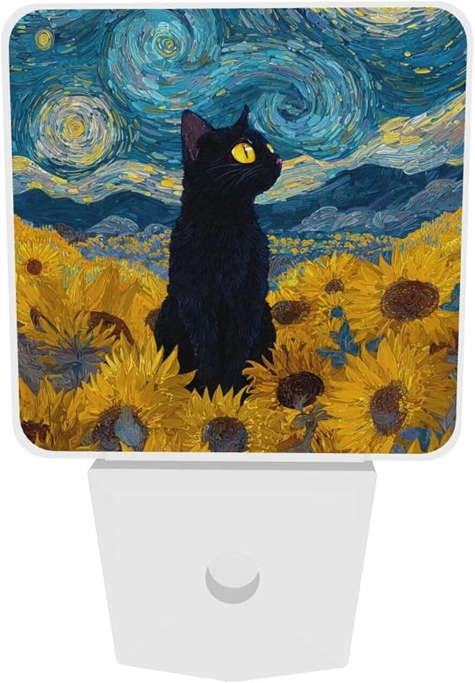 Black Cat Night Light Set of 2, Retro Sunflowers Auto Sensor LED Dusk-to-Dawn Nightlights, Plug-in Sensor Lamp for Bedroom Bathroom Kitchen Hallway Stairs Decorative