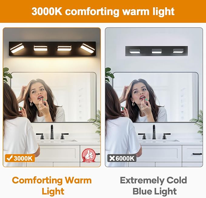 Torondo 360° Rotate LED Bathroom Vanity Light Fixtures, Acrylic Vanity Lights for Bathroom, Modern Wall Lighting Fixtures Over Mirror Living, Matte Black, Warm White, 4-Light, 27-Inch