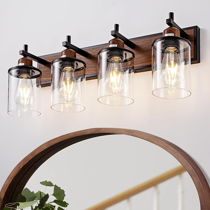 4-Light Farmhouse Bathroom Light Fixtures Vintage Bathroom Vanity Lights Over Mirror Black and Wood Painted Metal Vanity Light for Bathroom with Glass Shades E26 Socket