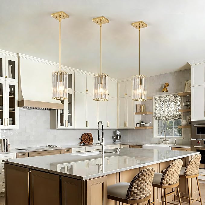 Modern Crystal Pendant Lights Kitchen Island, 2-Pack Brushed Gold Hanging Light with Clear Crystal Shade, Adjustable Height Pendant Lighting for Kitchen Island Dining Room Bedroom Bar Entryway
