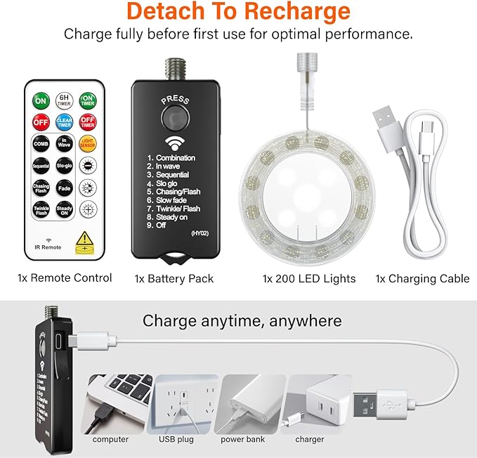 ZSJWL Rechargeable Fairy Lights with Remote，66ft 200 LED Outdoor Battery String Lights with DIY Timer & Light Sensor, Waterproof Dimmable Twinkle Light for Tree Christmas Indoor, Warm White