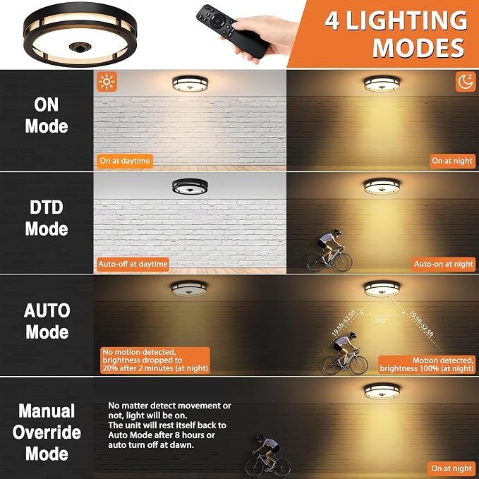 Outdoor Motion Sensor Ceiling Light with Remote, Tunable White Exterior Flush Mount Ceiling Lights, 12" Outdoor Porch Light Fixture for Garage, Entryway, Patio, 2 Pack
