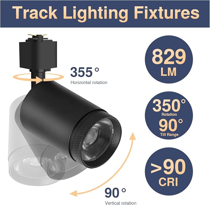 10W LED Track Light Heads L-Type Adjustable Ceiling Spotlights, 3000K/4000K/5700K, Flicker-Free CRI90+ (6-Pack) Black Track Light Fixtures for Accent, Task & Art Lighting
