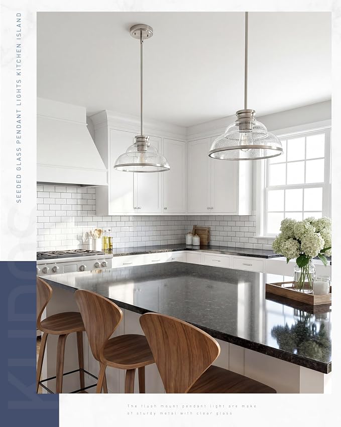 kudos 2 Pack 11" Brushed Nickel Seeded Glass Pendant Lights, KDPL14-BN-2PK | E26 Bulb Base, Hardwired, Farmhouse Styling, Adjustable Hanging Rods for Flat or Sloped Ceilings, for Kitchen Bars