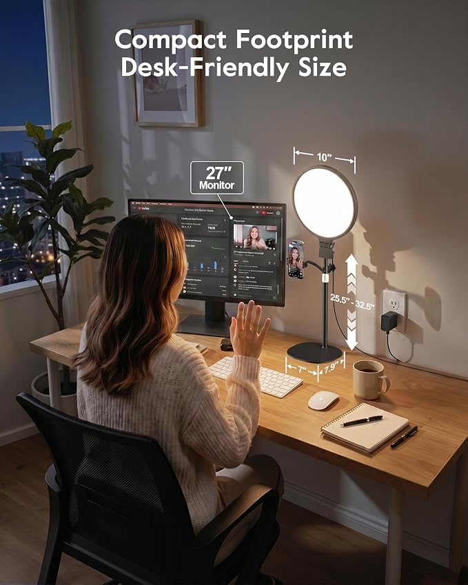 1300 Lumens Ring Light with Stand for Desk, Computer & Laptop – Podcast & Streaming Light with Flexible Phone Holder, CRI 98+ Bright Yet Soft Influencer Light for Video Recording, Conference & Calls