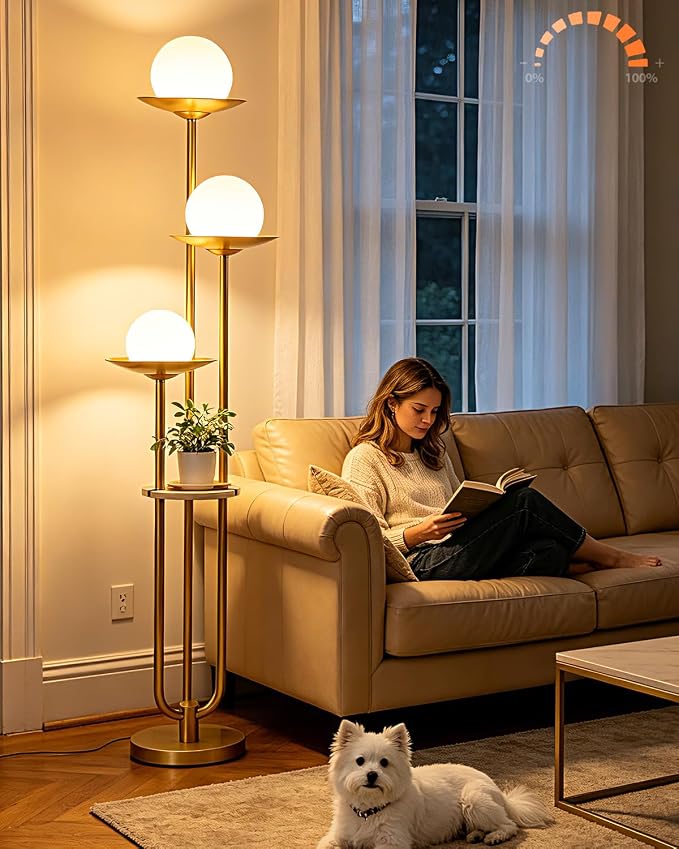 Lightdot 3-Globe Dimmable Floor Lamp with Table Modern Floor Lamps 3000K Warm White Bulbs Included Gold Tall Standing Lamp with 5Lbs Heavy Base for Living Room/Bedroom/Sofa Beside/Corner Decor