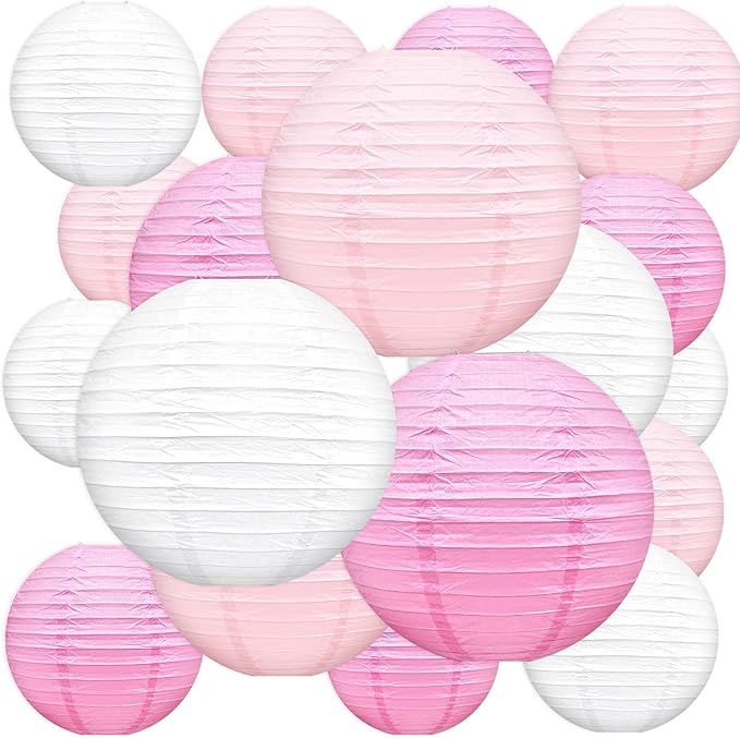 Paper Lanterns Celehappy Hanging Round Pink and White Paper Lanterns Decorative 8” 10”12" Chinese Lanterns for Birthday Wedding Party Decoration Baby Showers Valentine Indoor Outdoor 18pcs