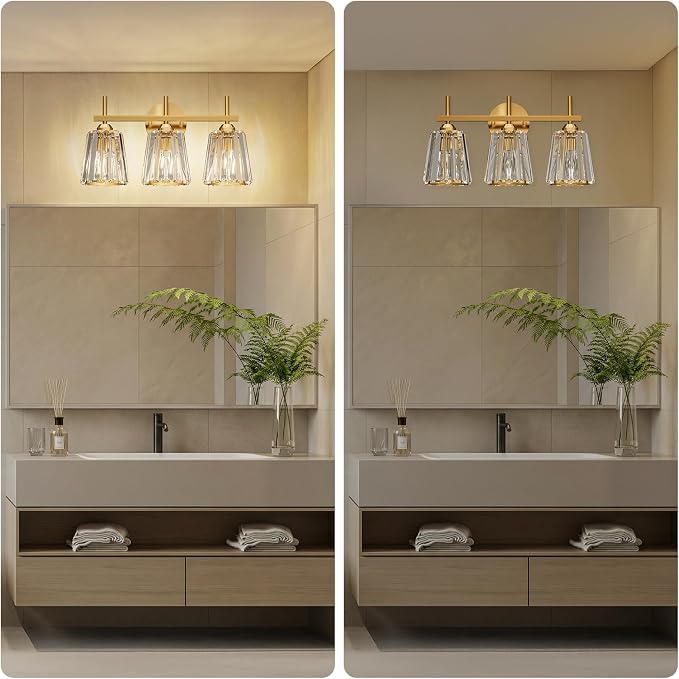Crystal Bathroom Light Fixtures Over Mirror, Gold 3-Light Bathroom Vanity Lights Over Mirror Modern Wall Lighting Sconces with Ceramic E26 Base (Bulbs Not Include)