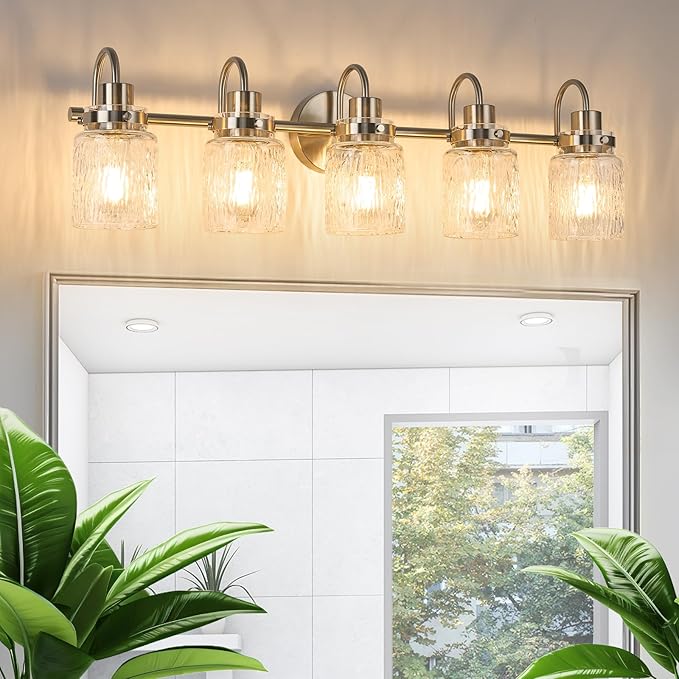 5 Lights Hammered Glass Bathroom Vanity Light,Brushed Nickel | Easy Installation,Up or Down,Farmhouse Modern Style,E26 Socket,ETL Certification