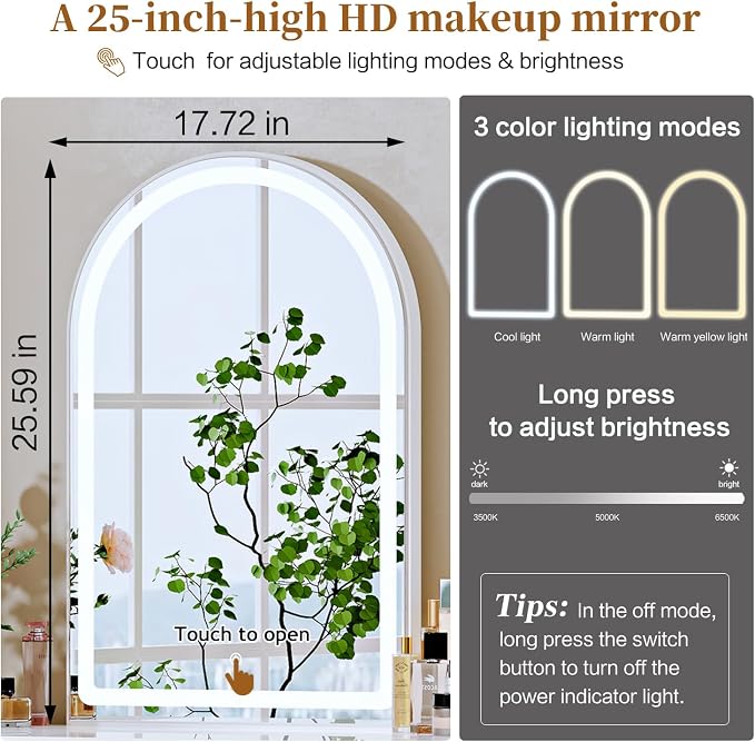 Ieejdn Cream,Vanity Desk with Mirror and Lights,Makeup Vanity with Power Outlet and Adjustable Cabinet,Modern Makeup Table with 3 Drawers for Bedroom Makeup Room0032