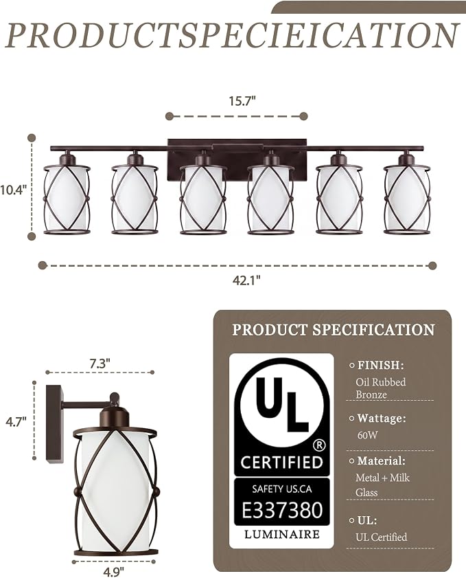 6-Light Oil Rubbed Bronze Bathroom Light Fixtures with Milk Frosted Glass, 42" Modern Bathroom Vanity Lighting Fixtures Over Mirror with Metal Cage, Wall Sconce Lights for Bath, CH9176ORBW-6W