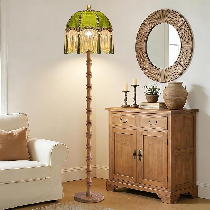 ILLMTW Vintage Floor Lamp for Living Room,Bedroom,Dimmable Standing Lamp with Remote,Green Mid Century Gold Tall Lamp Boho Retro Floor Light Wood Fringe Tassel Flower Unique Tiffany Victorian Decor