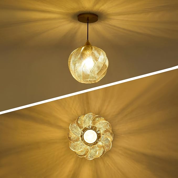 Amber Glass Pendant Lights Kitchen Island Gold Hanging Ceiling Light 9.84" | 1 Pack, Adjustable height, Dimmable, E26 bulbs, Rust-resistant Damp Rated For Bathrooms, 5-Year Warranty, UL Certification