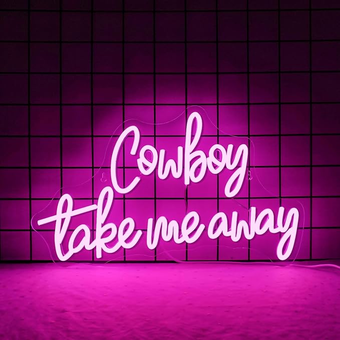 WLHOPE Neon Sign, Words Wedding Neon Signs for Wall Decor Cowboy Take Me Away Neon Sign Pink Neon Signs for Wall Decor Cowgirl Led Lights for Bar Man Cave Club Party Bedroom Home Birthday Western Decoration Gift