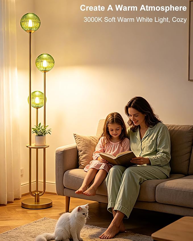 Lightdot Green Glass Floor Lamp with Shelf 63IN Dimmable Mid Century Modern Gold Standing Lamps 3000K Bulbs Included Globe Floor Lamp with 5Lbs Heavy Base for Living Room/Wedding/Sofa Beside/Corner