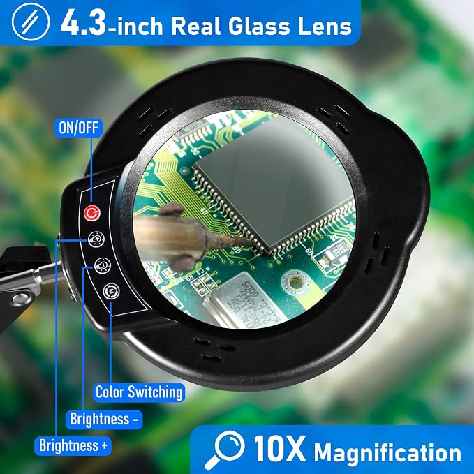 10X Magnifying Glass with Light and Stand, LED Desk Lamp with Clamp, 5 Color Mode, 10 Dimmable Levels, Hands Free for Reading Crafts Jewelry Sewing Close Work