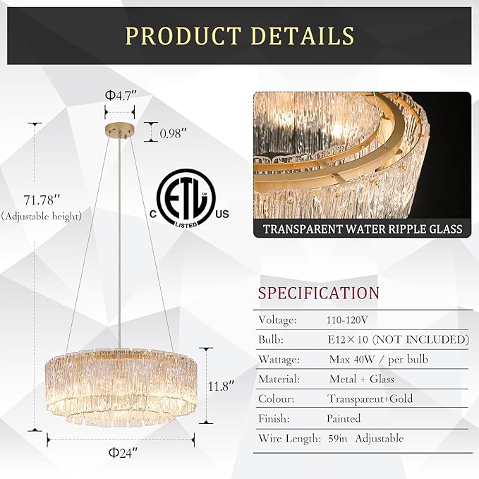Gold Chandeliers 24”Modern Crystal Glass Round Chandelier 10-Light Drum Pendant Ceiling Light Fixtures Luxury 2 Tiers Hanging Chandelier for Dining Room Foyer Living Room Bedroom