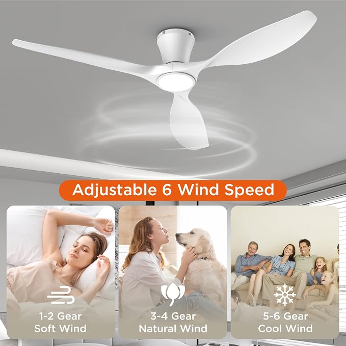 TALOYA 52 Inch Smart Ceiling Fans with Lights Led Remote Control Flush Mount Low Profile for Bedroom Farmhouse Patio Outdoor Living Room Kitchen Dining Room,DC Motor,Reversible,White