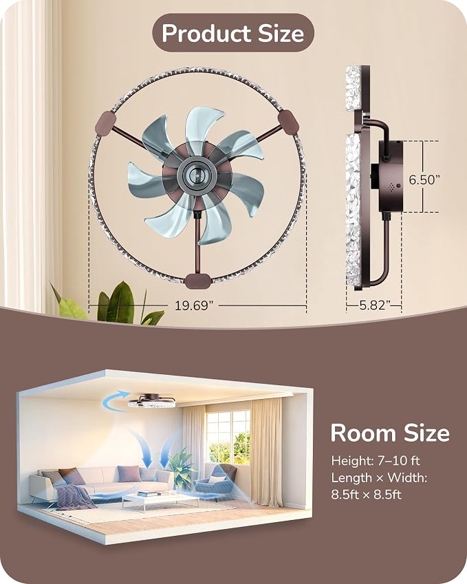 EDISHINE Ceiling Fans with Lights, 20'' Low Profile Flush Mount Fandelier | LED Low Profile Fan Light 3000-6000K Dimmable, 6 Speeds, DC Motor, APP Control, Modern Fandelier for Bedroom, Brown