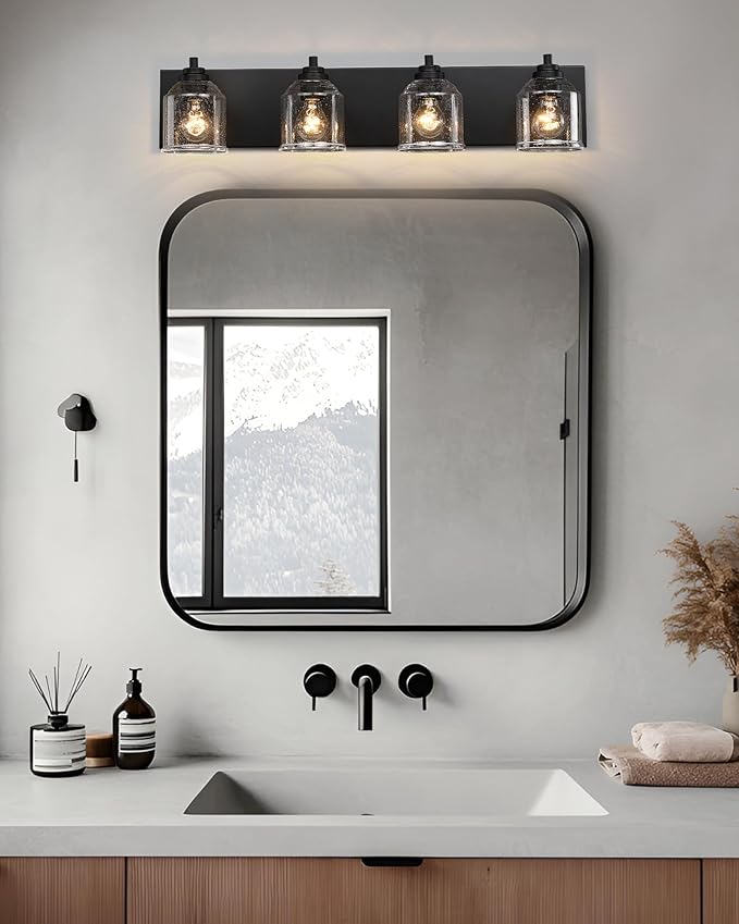 Vanity Lights for Bathroom Large 31.5", Farmhouse Rustic Vanity Light with Bubble Glass Shades, Black 4 Light Bathroom Lighting Fixtures Over Mirror, Bath Wall Sconce Home Decor
