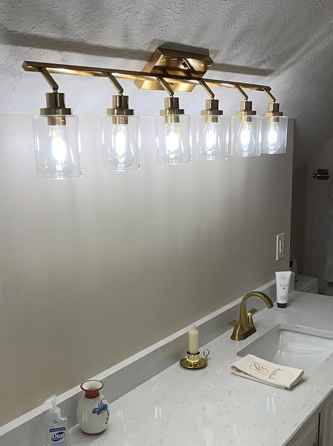 MELUCEE 5-Light Track Lighting Kit Brass with 5 Rotatable Light Heads | Semi Flush Mount Ceiling Light Fixture 37 Inch Modern Accent Lighting for Foyer Art Wall Kitchen, Clear Glass Shade