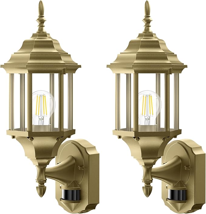 Redluck Motion Sensor Outdoor Lights, 2 Pack 16 inch Dusk to Dawn Outside Porch Lights, Waterproof Anti-Rust Aluminum Outdoor Wall Lights Exterior Lighting Fixtures for House, Garage, Front Door, Gold