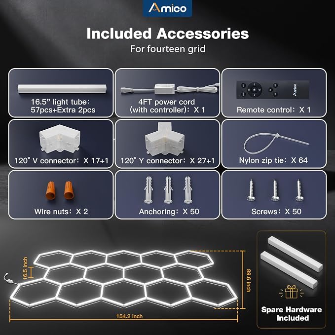 Amico Hexagon Garage Lights Dimmable & Tunable, 14 Hex Grid, Remote & Timer | 10-100% Stepless Dimming, 3500K-6500K Adjustable, 456W 54000LM Honeycomb LED Ceiling Lights for Garage Workshop Car Detailing