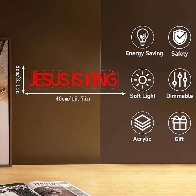 Mutank Jesus is King Neon Sign, Christian Neon Light USB Powered Dimmable LED, for Easter Church Religious Bible Verse Church God Christian Faith Based Sign Inspirational Christian Gifts(15.7*3.1 In)