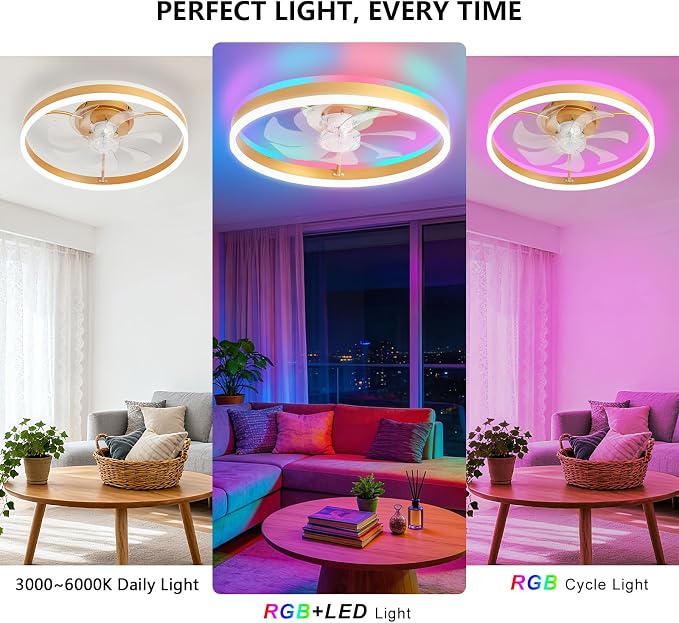 RGB Ceiling Fan with Light, 20'' Low Profile Ceiling Fans with Remote Control, Smart Gold Flush Mount LED Fan Light, Modern Bladeless Fandelier for Bedroom, Living Room, Kitchen