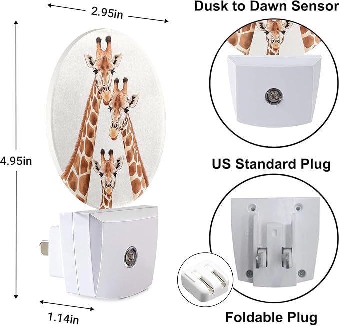 Funny Giraffes Night Lights Plug into Wall African Safari Animal Long Neck Spotted Skin Plug-in Nightlight Auto on/Off Dim Light Sleep Friendly for Boys Girls Men Women Room Decor