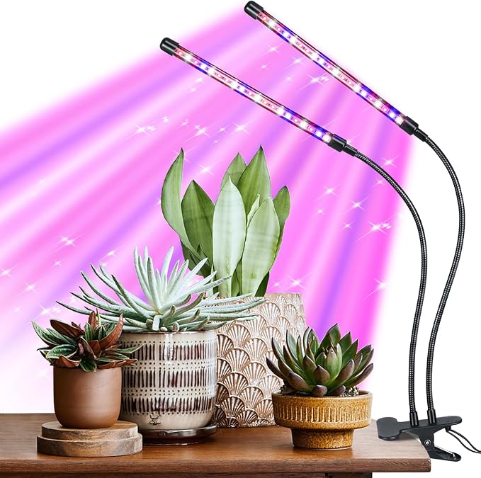 Indoor Plant Grow Light, Full Spectrum Clip Plant Lamp with Red, Blue, White Light, Plant Growing Light with Adjustable Gooseneck, 4/8/12/18H Timer, 10 Brightness Levels, 3 Lighting Modes, 2 Head