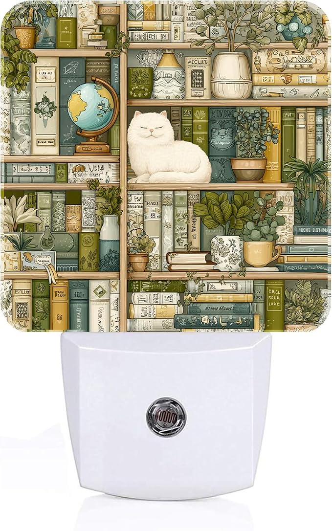 Cat and Bookshelves Night Light,Plug-in Nightlights Auto Sensor Night Lamp Dusk to Dawn Lamp Home Decor for Nursery Children Girls Boys