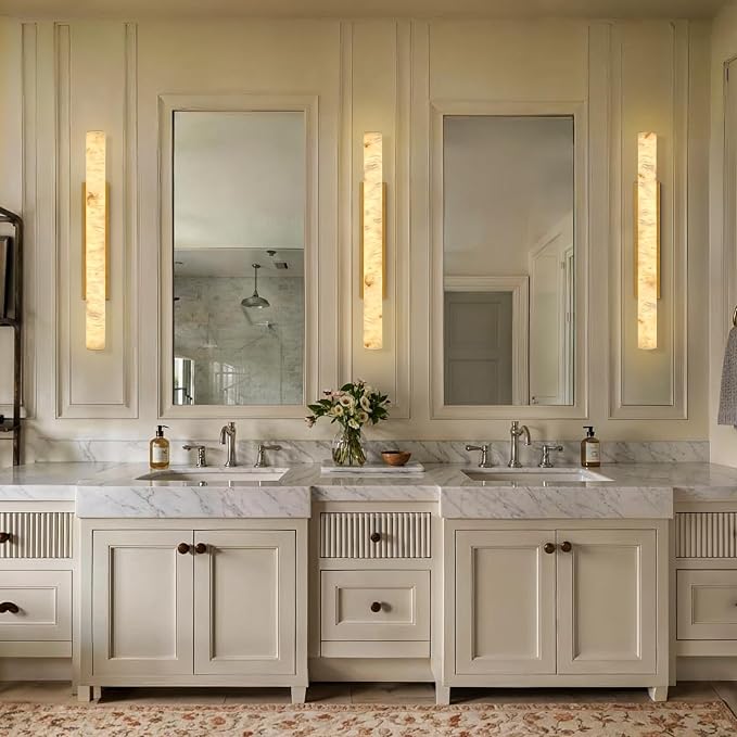 Natural Alabaster Wall Sconces, 36" Large Bronze Wall Sconce, Modern Gold LED Sconce, Cylinder Spanish Marble Sconces Perfect for Living Room, Bedroom, Hallway, Stairs