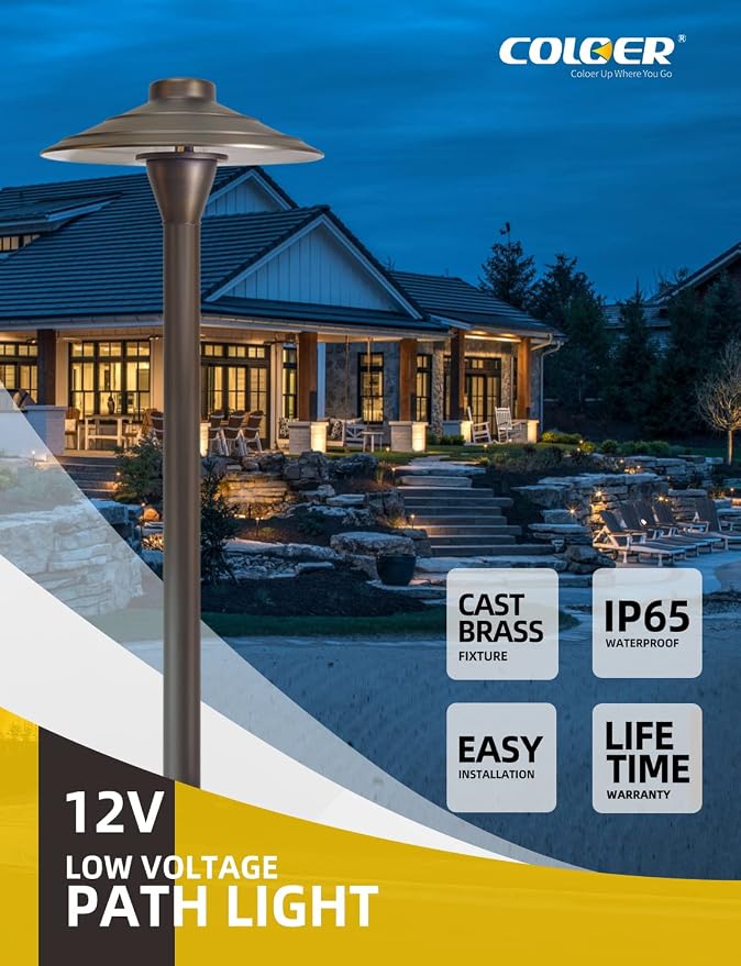 COLOER Brass Low Voltage Walkway Lights for Outside 1-Pack G4 Bulb (601B) | 9-17V AC/DC 2W 2700K Warm White, Bronze Finish, 7.13'' Shade 24'' Tall, Heavy Duty LED Landscape Path Lights Outdoor Wired