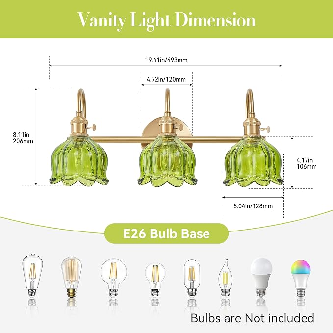 Bathroom Light Fixtures Over Mirror,3-Light Brushed Gold Vanity Lights with Green Tulip Glass Shades,Vanity Lighting Fixtures for Bathroom Bedroom Kitchen Living Room Hallway
