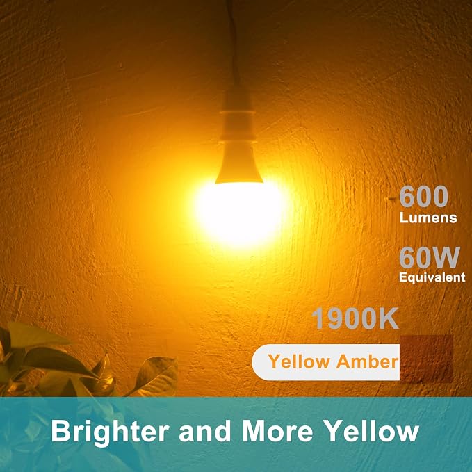 Qualilux Dusk to Dawn A19 LED Bug Light Bulbs Outdoor, 1900K Amber Yellow, 600 Lumen, LED 9.5W, E26, 2-Pack, HQ-H017