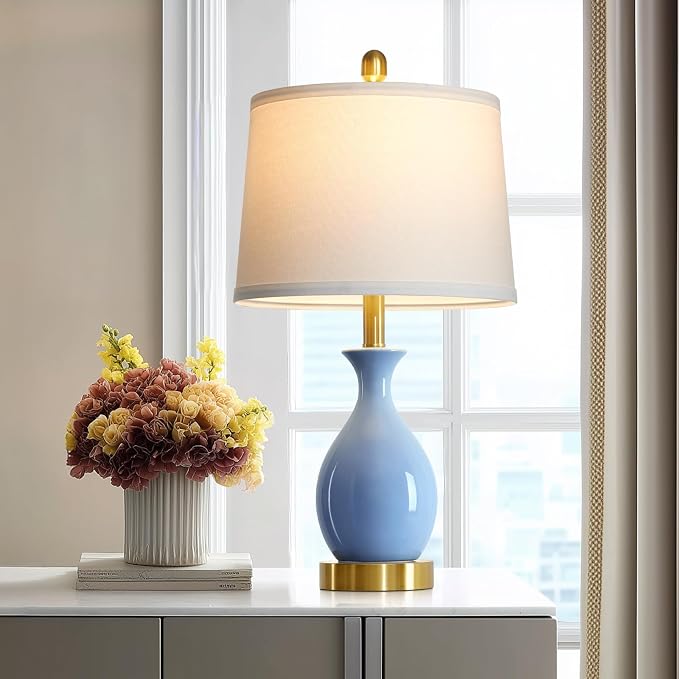 24″ Light Blue Ceramic Table Lamp for Living Room, Modern Classic Bedside Lamp for Nightstand, Small Table Lamp for Bedroom End Table (1 Pack)
