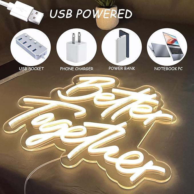 Better Together Neon Sign, Warm White Led Neon Light Signs, Art Wall Lights Decoration for Wedding Party Club Anniversary Bar Birthday decor(Better Together)