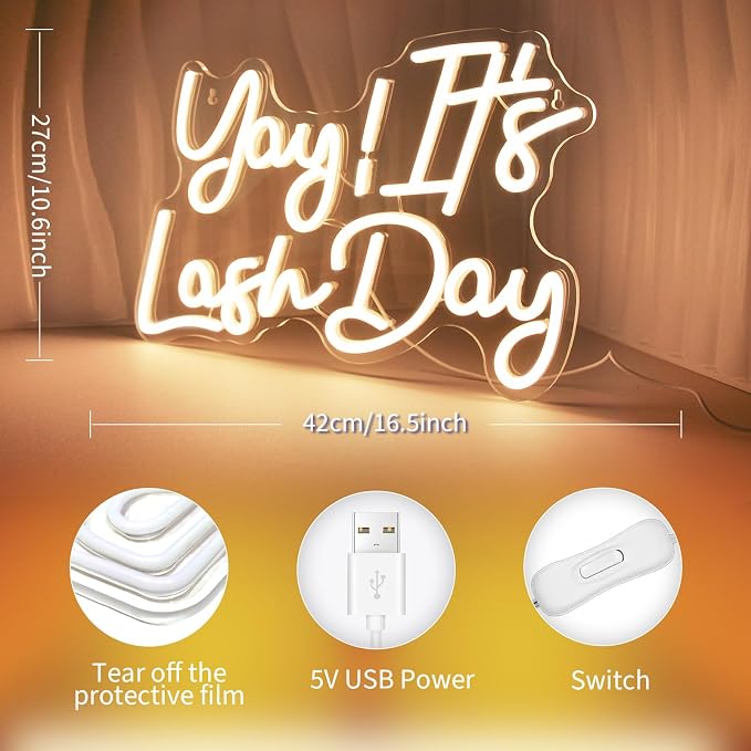 JEDAEMEN Yay It's Lash Day Neon Signs for Wall Decor Warm White LED Sign | Lash Neon Lights Led Light for Girls Beauty Makeup Room Decor Light Up Sign for Party Lash Salon Decoration USB Powered