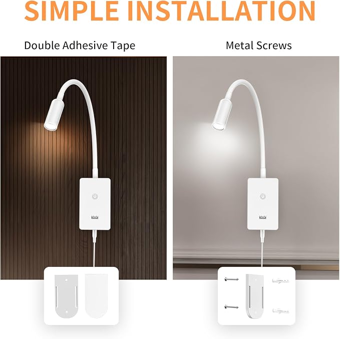 LED Wall Mounted Bedside Reading Light with Wireless Remote Control, White Flexible LED Bedroom Wall Spot Lamp, Dimmable Neutral White 4000K Lighting, Timer Function, 5V2A USB Output