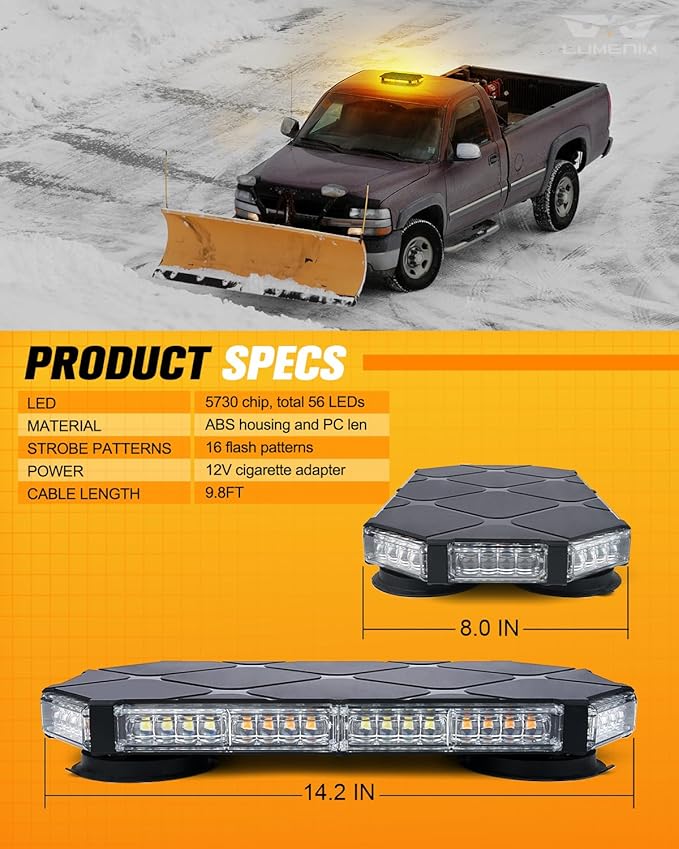 LUMENIX 56 LED Roof Top Strobe Beacon Lights Bar Rooftop Hazard Warning Emergency Safety Flashing Plow Light for Construction Vehicles Tow Commercial Trucks Postal Security Cars Snowplow - Amber