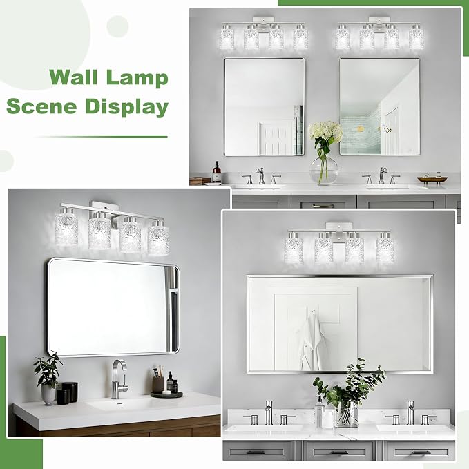 4-Light Bathroom Light Fixtures, Brushed Nickel Vanity Lights Over Mirror | Wall Sconces with Clear Textured Glass Shades for Living Room Bedroom Hallway,E26 Base (Bulbs Not Included)