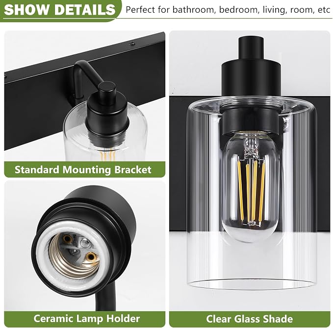 Dpyrrhic Bathroom Vanity Light, Modern Matte Black 4-Light Bathroom Lights Over Mirror with Clear Glass Shade,Wall Sconces for Bedroom,Living Room