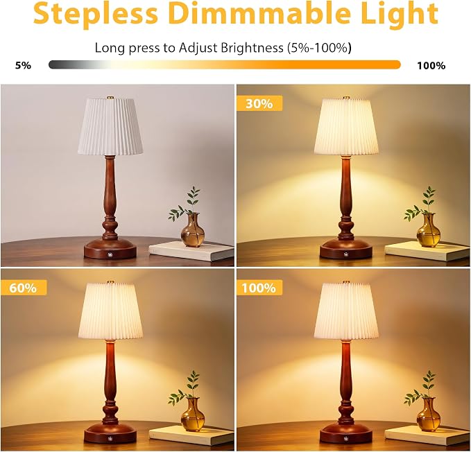 15.5'' Wireless Table Lamp, 5400mAh Rechargeable Small Bedside Lamp, White | Wood Base, Fabric Lampshade, Built-in LED, 3 CCT, Stepless Dimming, Memory Function, Nightstand Lamp for Bedroom, Living Room